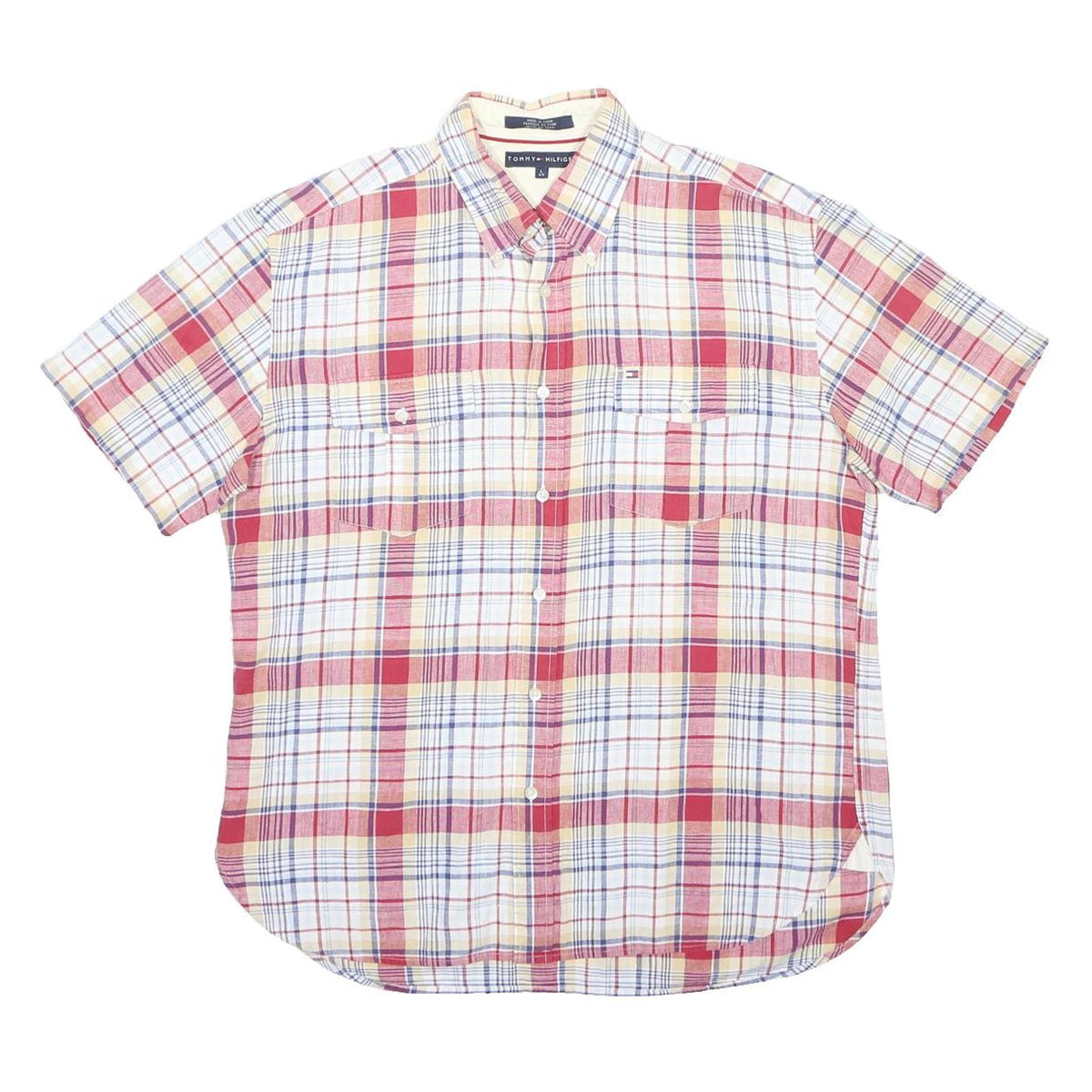TOMMY HILFIGER Mens Red & Cream Check Shirt L Casual Cotton Blend Summer