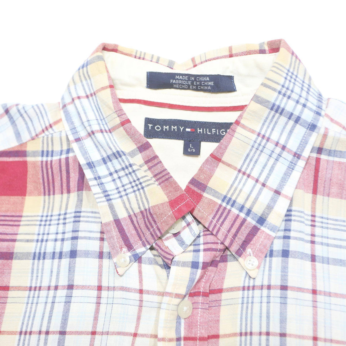 TOMMY HILFIGER Mens Red & Cream Check Shirt L Casual Cotton Blend Summer