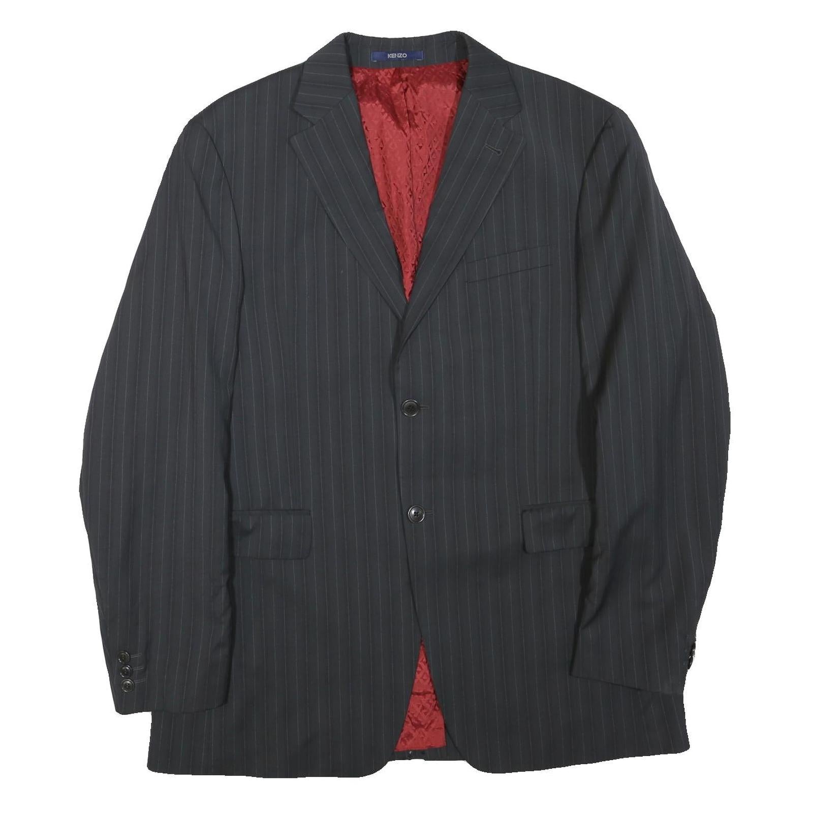 KENZO Mens Black Pinstripe Jacket XL Polyester Blend Button Closure Tailored