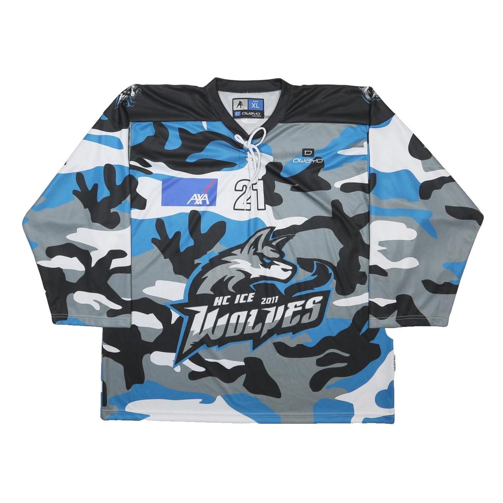 OWAYO Womens Blue Black Grey Camo HC Ice Wolves Graphic T-Shirt XL Long Sleeve
