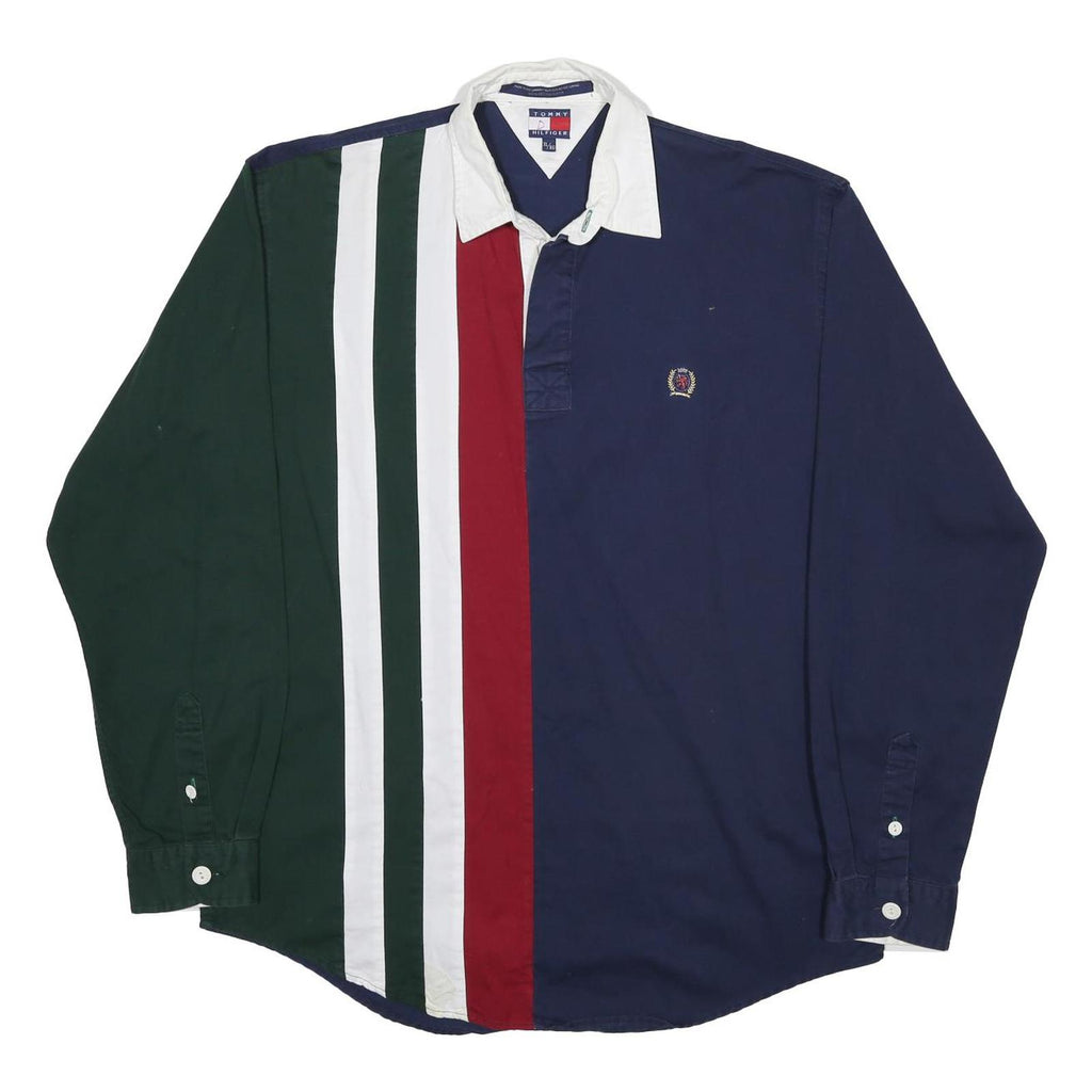 TOMMY HILFIGER Mens Navy Blue Green Red White Striped Long Sleeve Polo Shirt XL