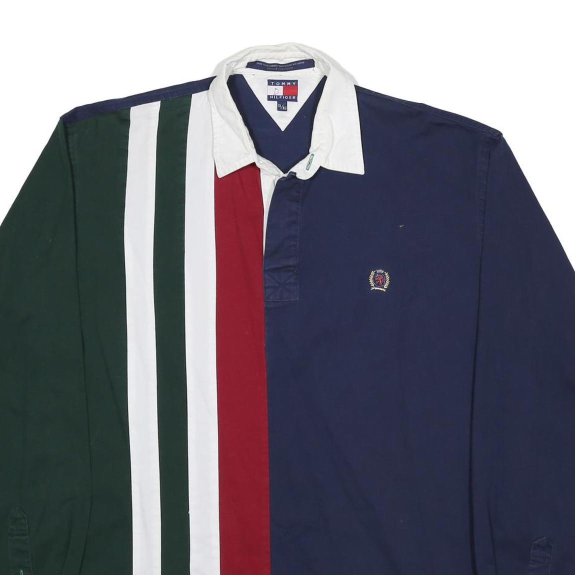 TOMMY HILFIGER Mens Navy Blue Green Red White Striped Long Sleeve Polo Shirt XL