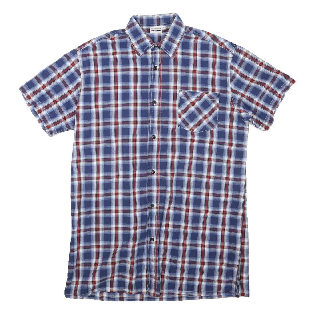 BREMO Mens Blue Red Check Shirt M Cotton Blend Casual Short Sleeve Button