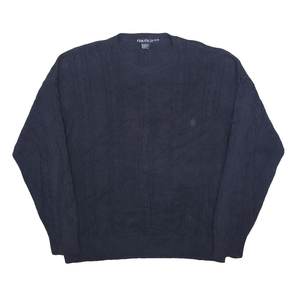 NAUTICA Mens Navy Blue Patterned Jumper Crew Neck Cable Knit XL Cotton