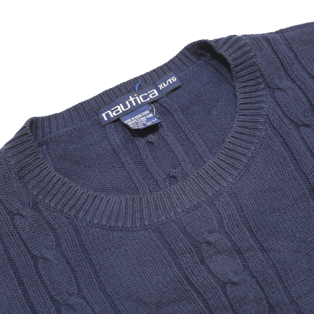 NAUTICA Mens Navy Blue Patterned Jumper Crew Neck Cable Knit XL Cotton