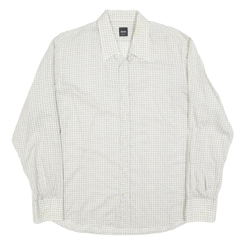 HUGO BOSS Mens White & Grey Patterned Shirt XL Lightweight Polyester Blend Smart