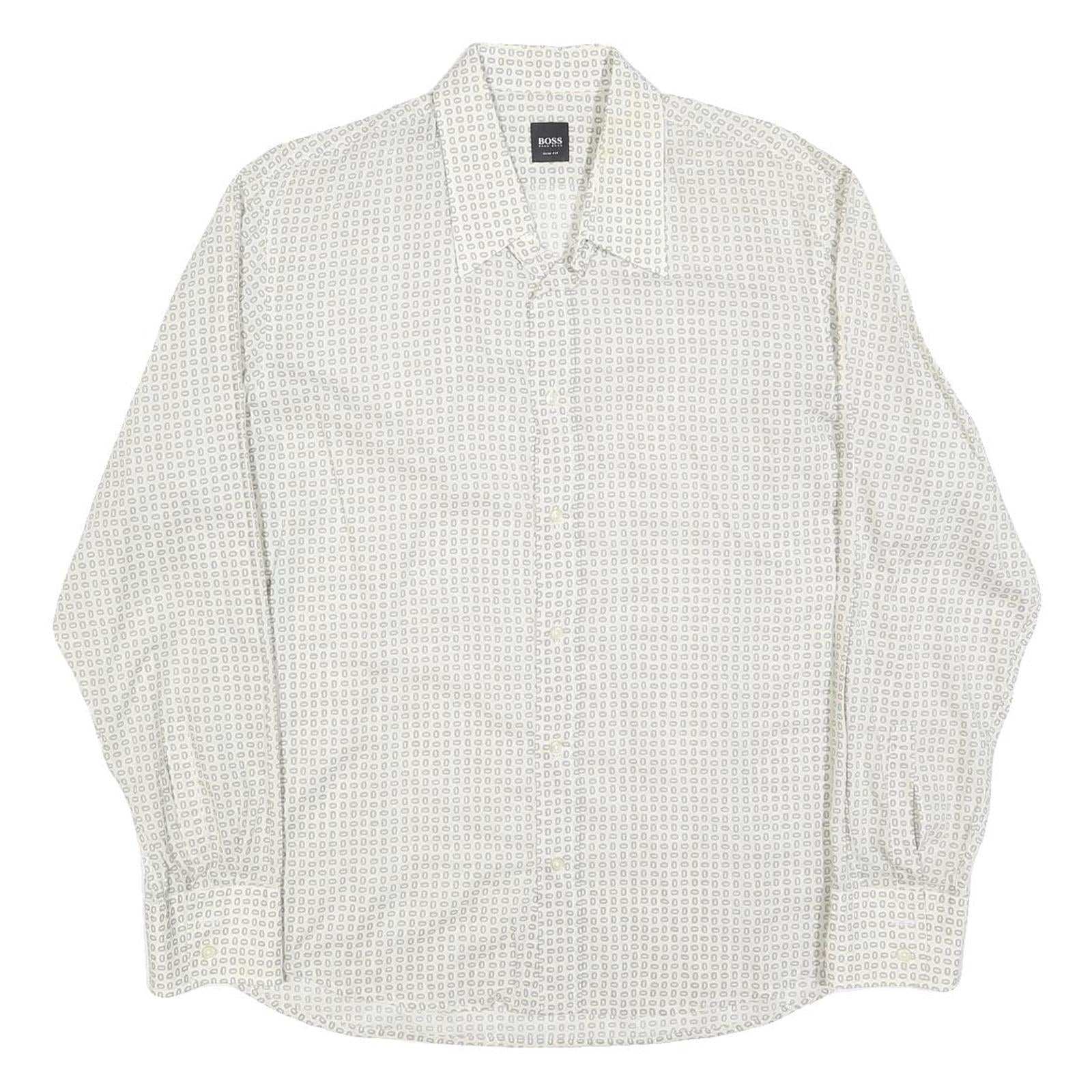 HUGO BOSS Mens White & Grey Patterned Shirt XL Lightweight Polyester Blend Smart