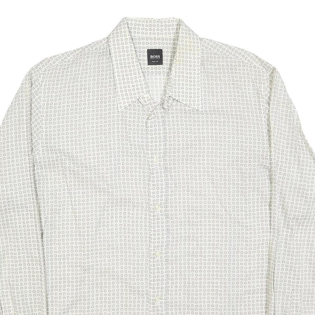 HUGO BOSS Mens White & Grey Patterned Shirt XL Lightweight Polyester Blend Smart