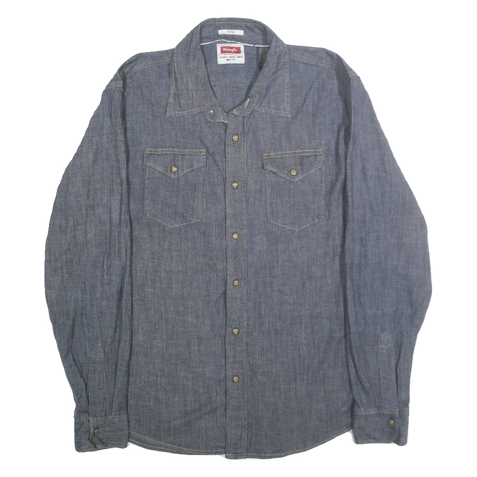WRANGLER Mens Blue Indigo Cotton Blend Shirt L Casual Long Sleeve Button