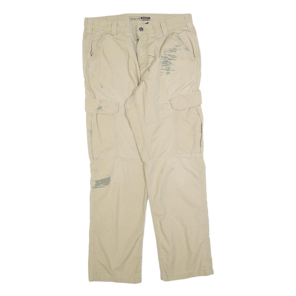 CARHARTT Mens Cotton Blend Beige Relaxed Cargo Trousers W34 L32 Durable Workwear