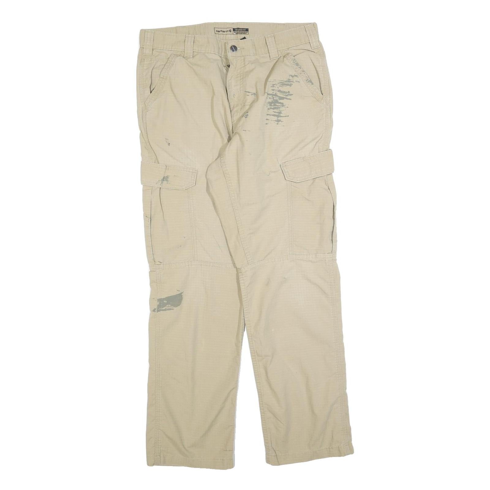 CARHARTT Mens Cotton Blend Beige Relaxed Cargo Trousers W34 L32 Durable Workwear