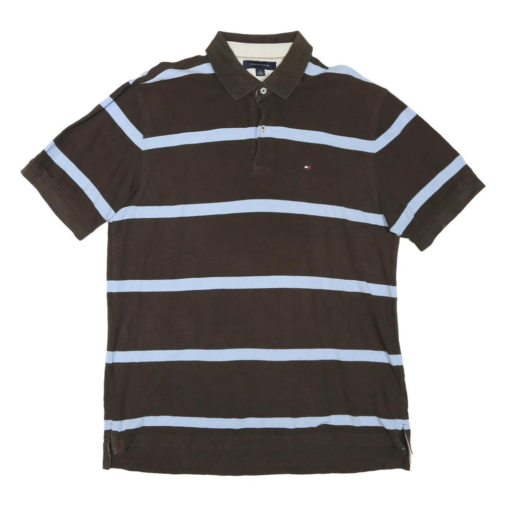 TOMMY HILFIGER Mens Brown & Light Blue Striped Short Sleeve Polo Shirt XL Cotton