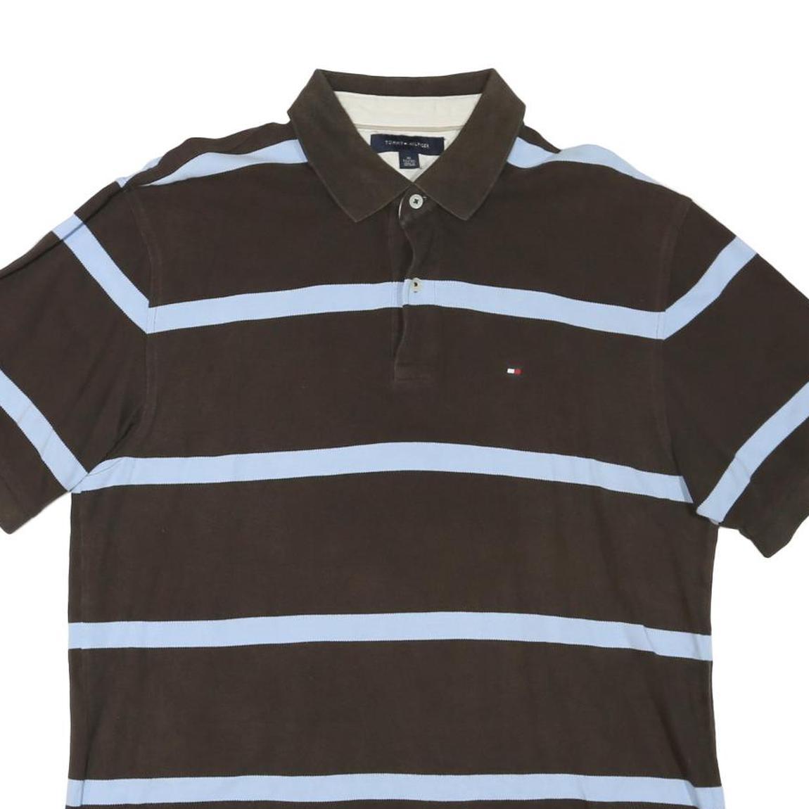 TOMMY HILFIGER Mens Brown & Light Blue Striped Short Sleeve Polo Shirt XL Cotton