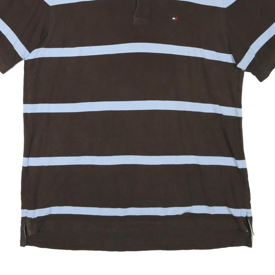 TOMMY HILFIGER Mens Brown & Light Blue Striped Short Sleeve Polo Shirt XL Cotton