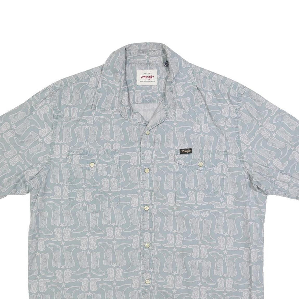 WRANGLER Mens Blue Printed Cotton Shirt M Casual Button Front Short Sleeve