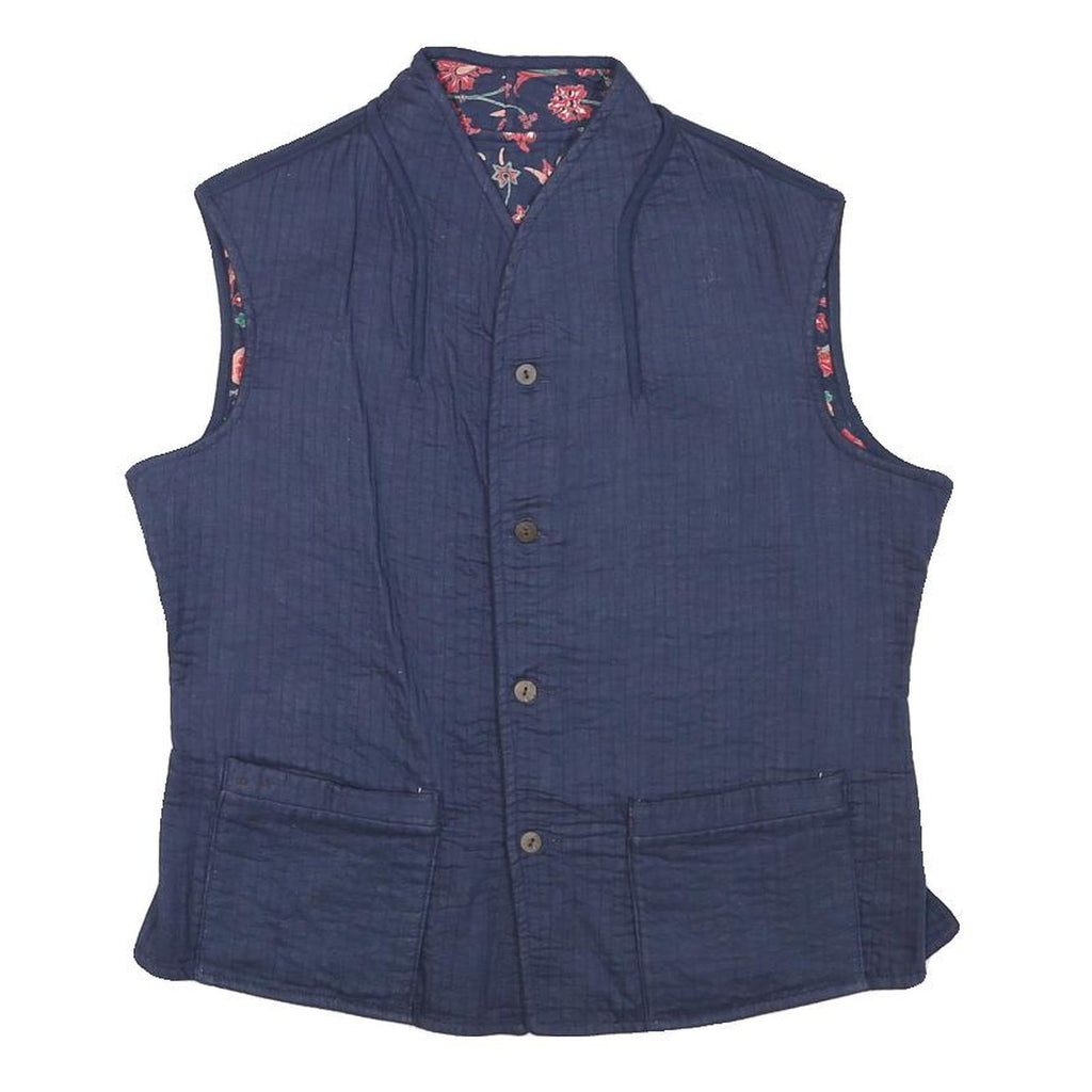 Womens Blue Quilted Cotton Blend Jacket Sleeveless Button Up Stand-Up Collar S