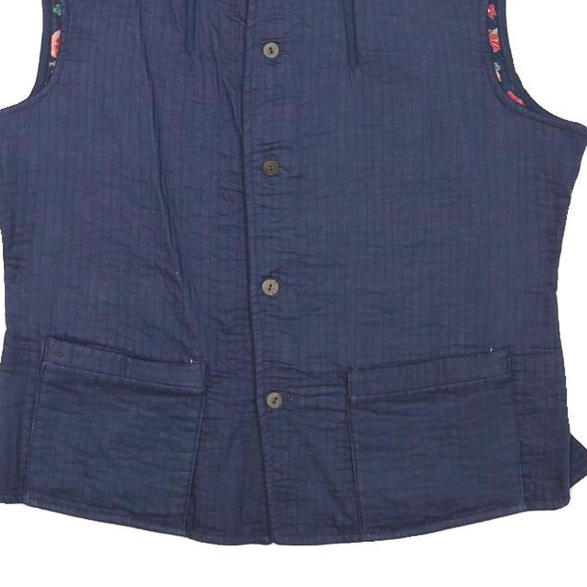 Womens Blue Quilted Cotton Blend Jacket Sleeveless Button Up Stand-Up Collar S