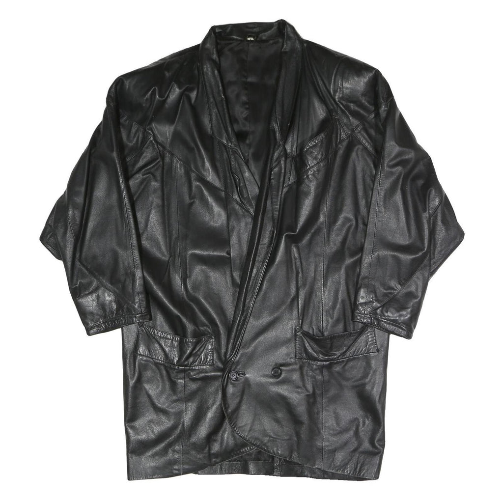 Mens Black Faux Leather Button Jacket XL Woven Relaxed Fit Long Sleeve Plain