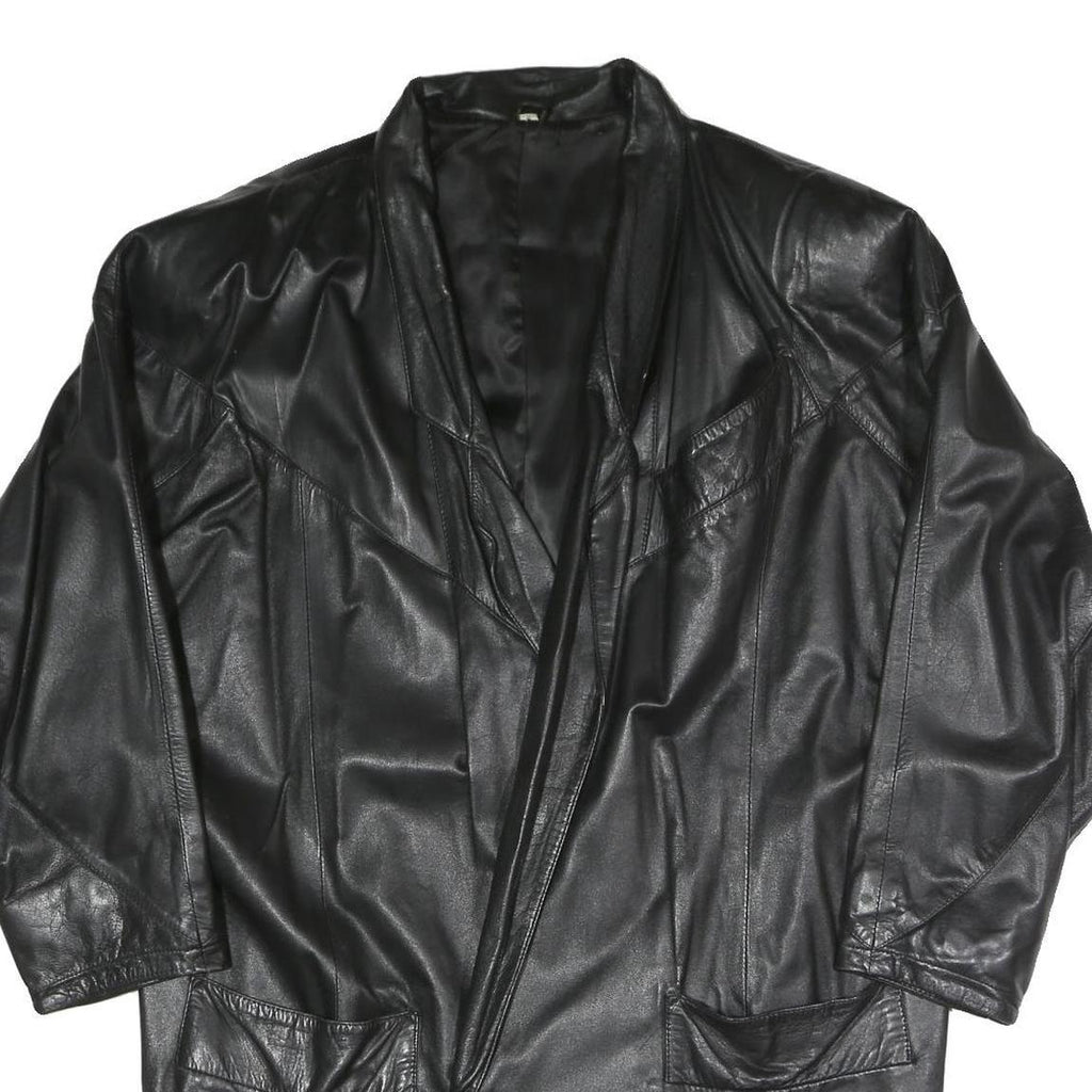 Mens Black Faux Leather Button Jacket XL Woven Relaxed Fit Long Sleeve Plain