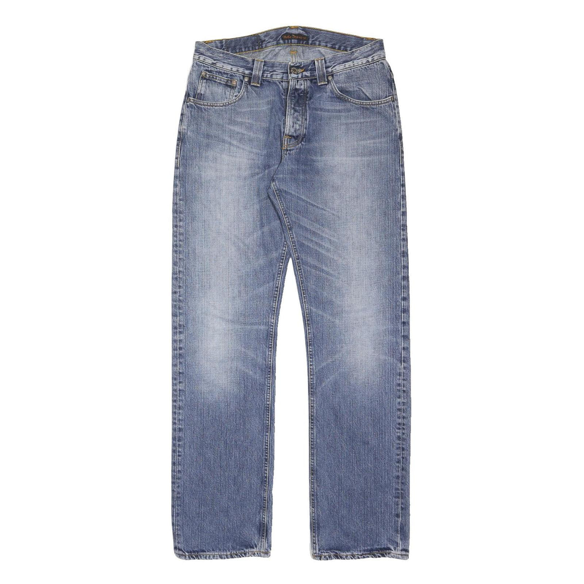 NUDIE JEANS Mens Regular Cotton Blend Denim Light Blue Button W33 L34 Straight