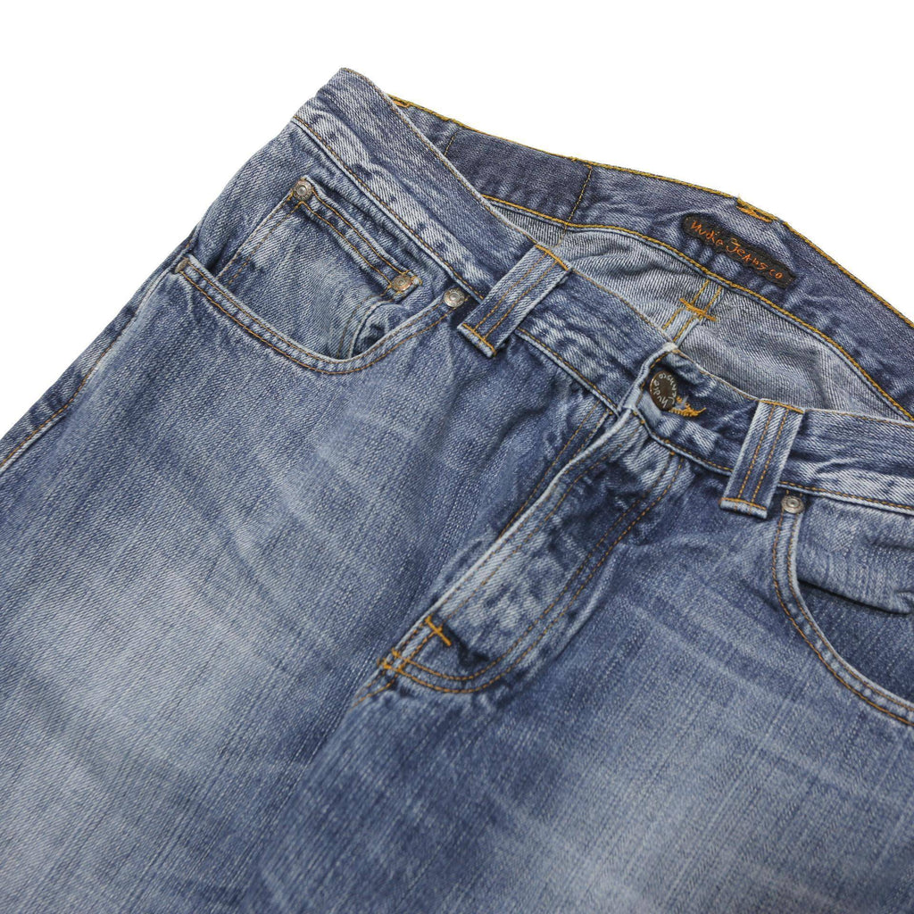 NUDIE JEANS Mens Regular Cotton Blend Denim Light Blue Button W33 L34 Straight