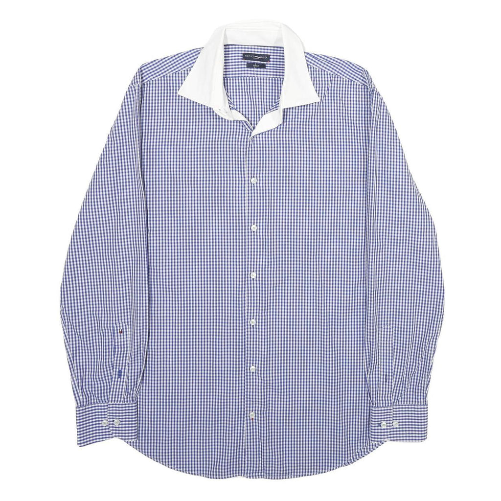 TOMMY HILFIGER Mens Blue & White Checked Shirt L Classic Fit Cotton Button