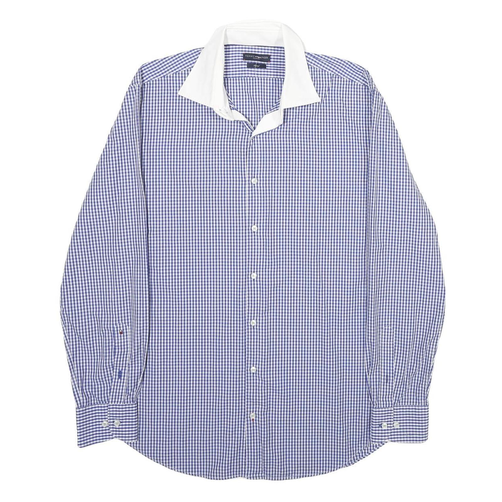 TOMMY HILFIGER Mens Blue & White Checked Shirt L Classic Fit Cotton Button