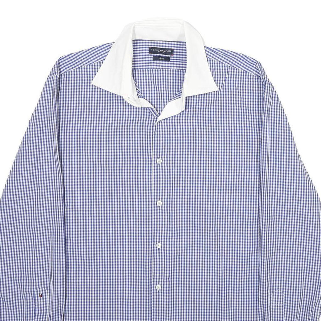TOMMY HILFIGER Mens Blue & White Checked Shirt L Classic Fit Cotton Button