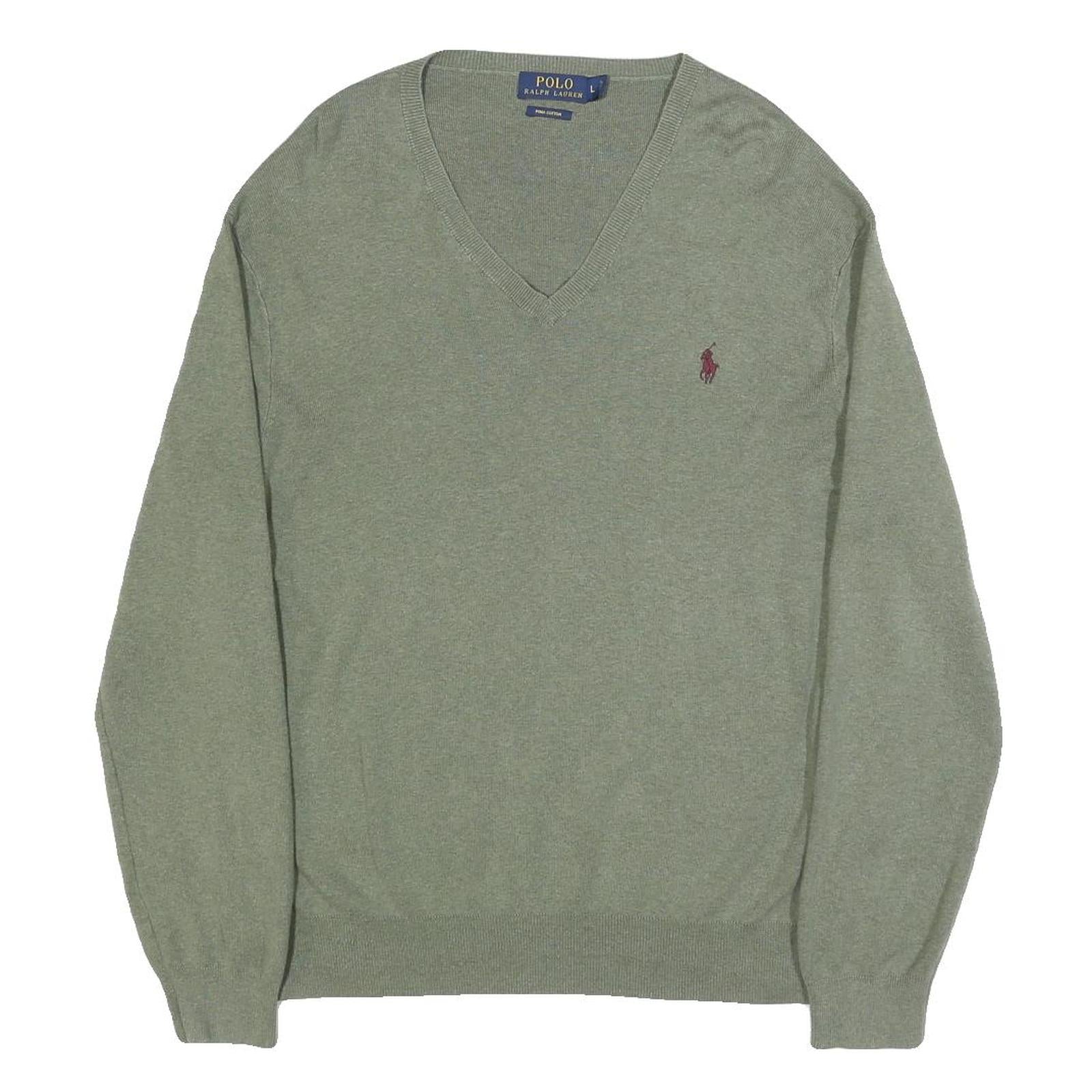 POLO RALPH LAUREN Mens Green Cotton Patterned V-Neck Basic Knit L Jumper