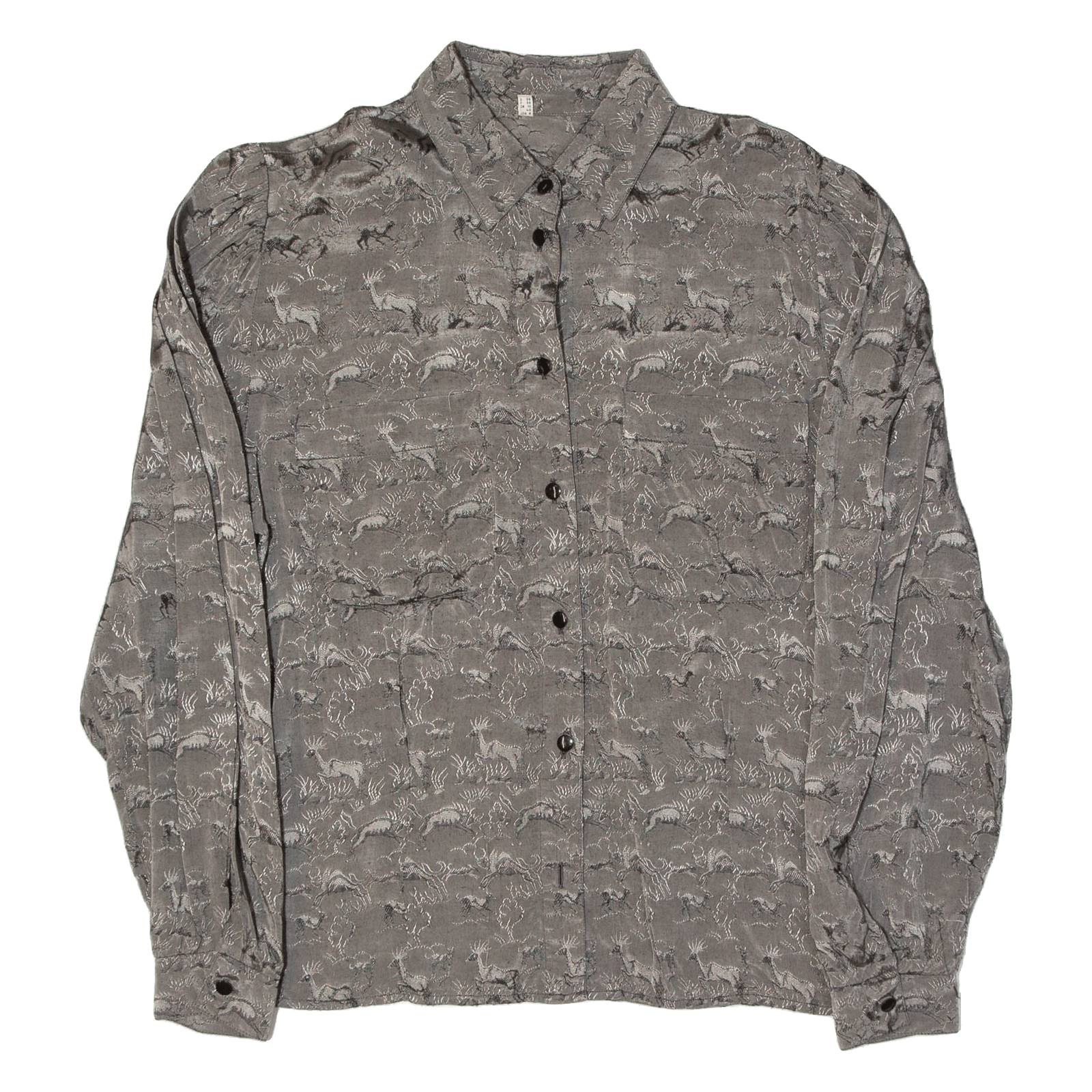 Womens Shirt Grey Viscose Crazy Pattern Long Sleeve UK 10