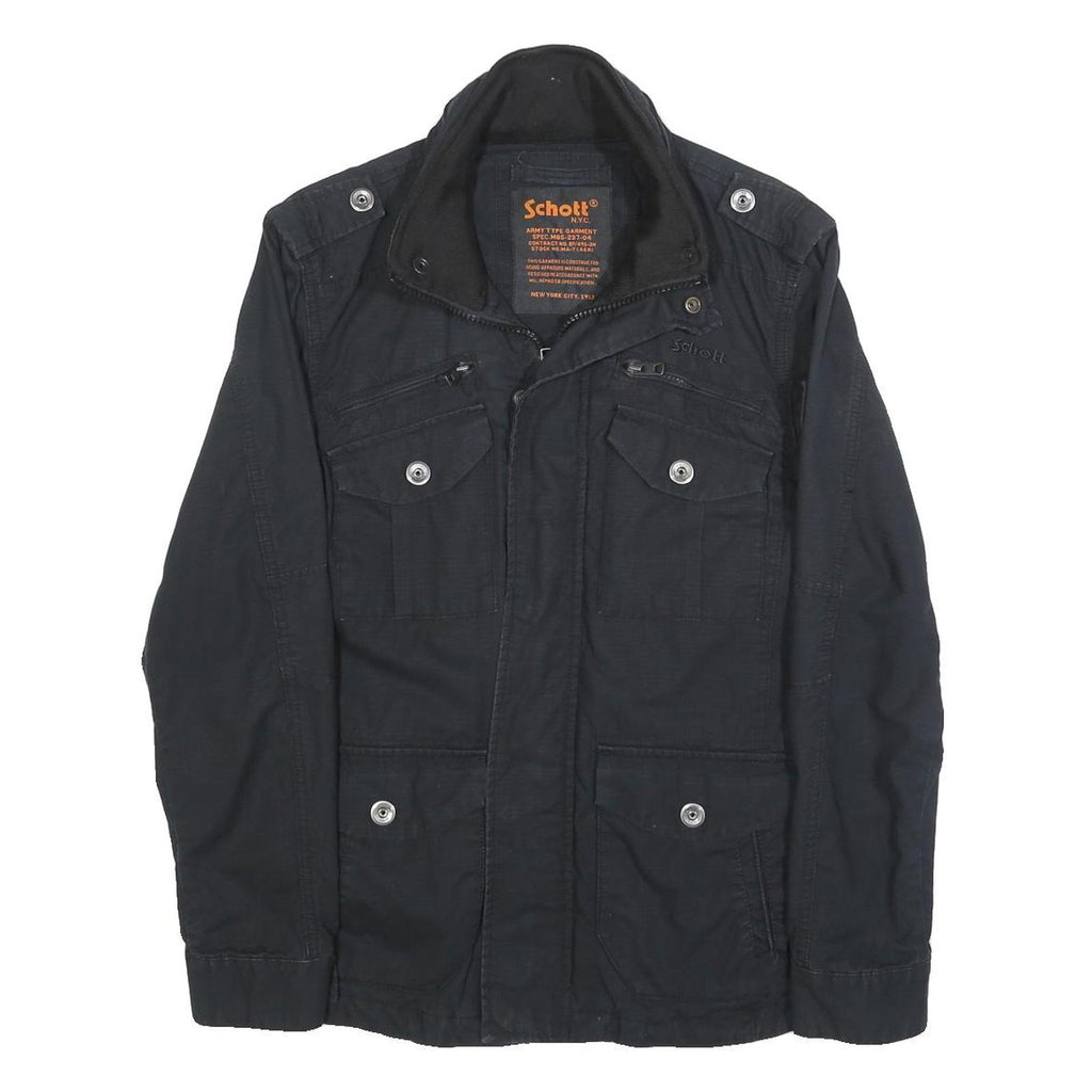 SCHOTT Mens Black Zip Cotton Military Jacket S Plain Vintage Style Tactical