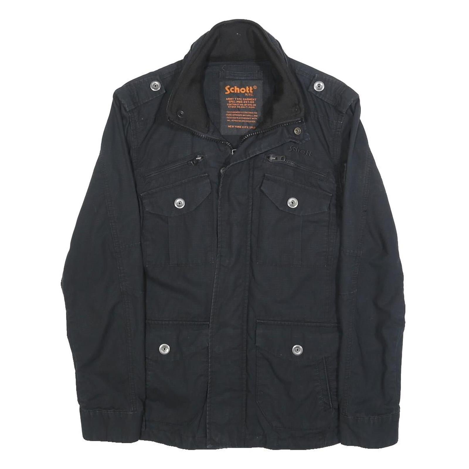 SCHOTT Mens Black Zip Cotton Military Jacket S Plain Vintage Style Tactical