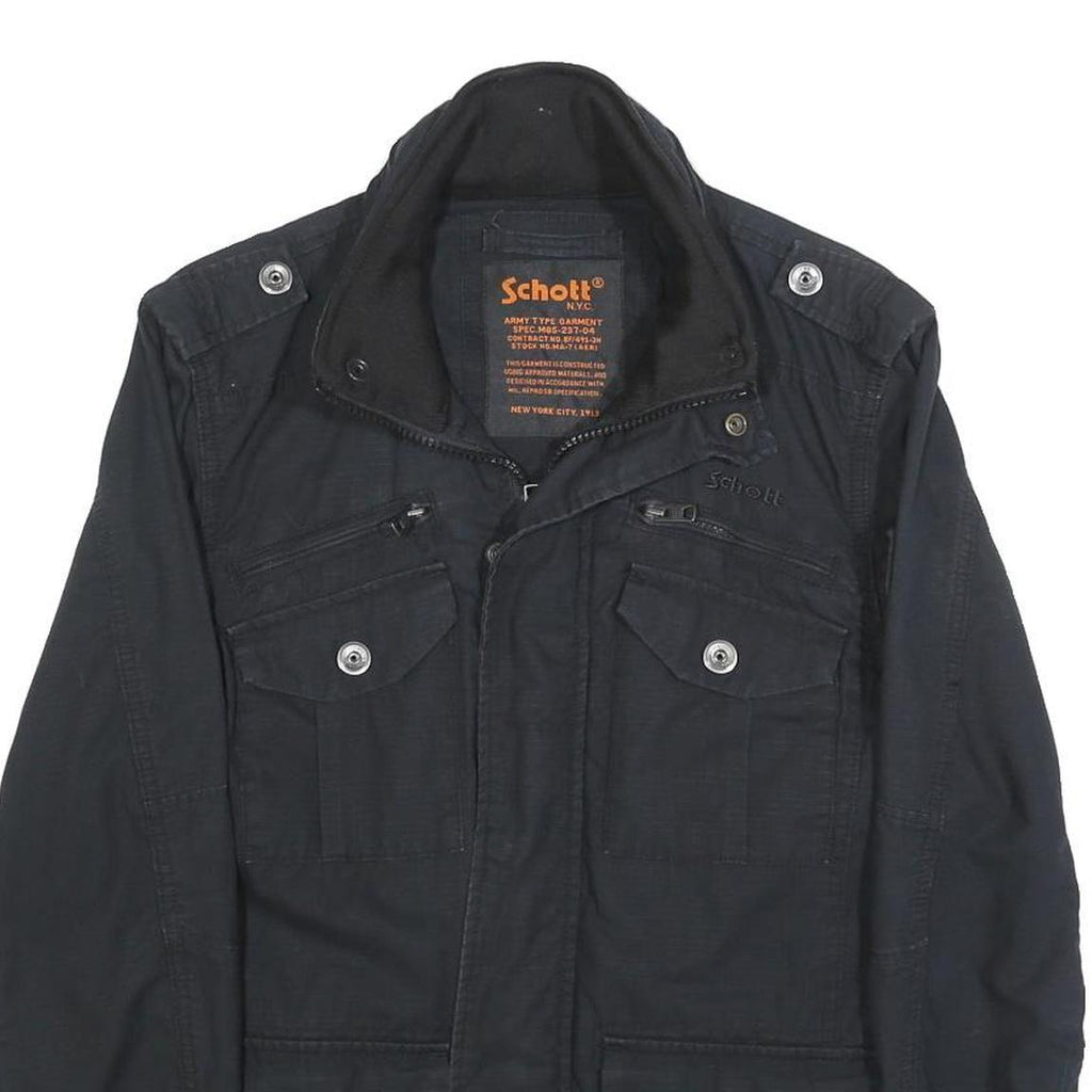 SCHOTT Mens Black Zip Cotton Military Jacket S Plain Vintage Style Tactical