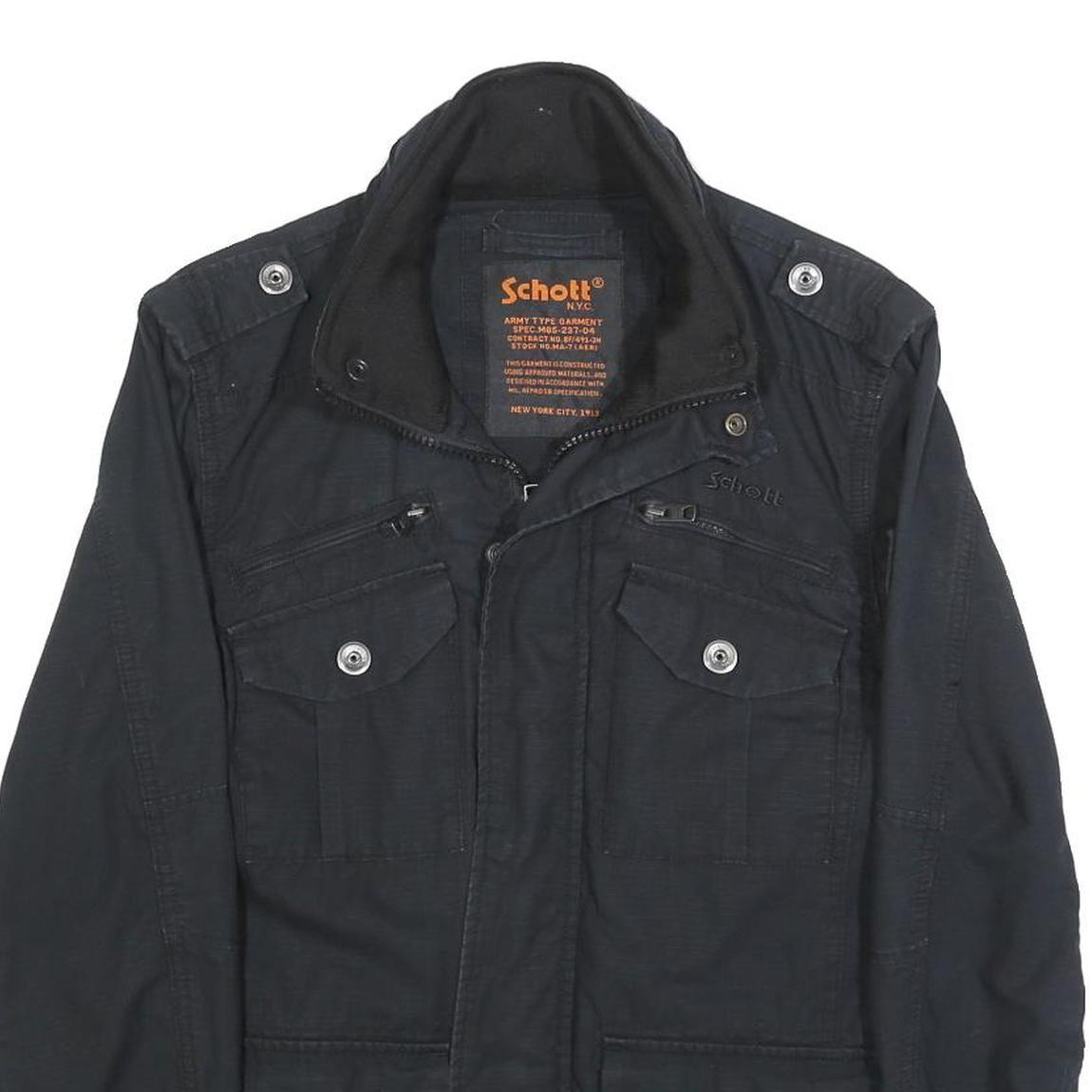 SCHOTT Mens Black Zip Cotton Military Jacket S Plain Vintage Style Tactical