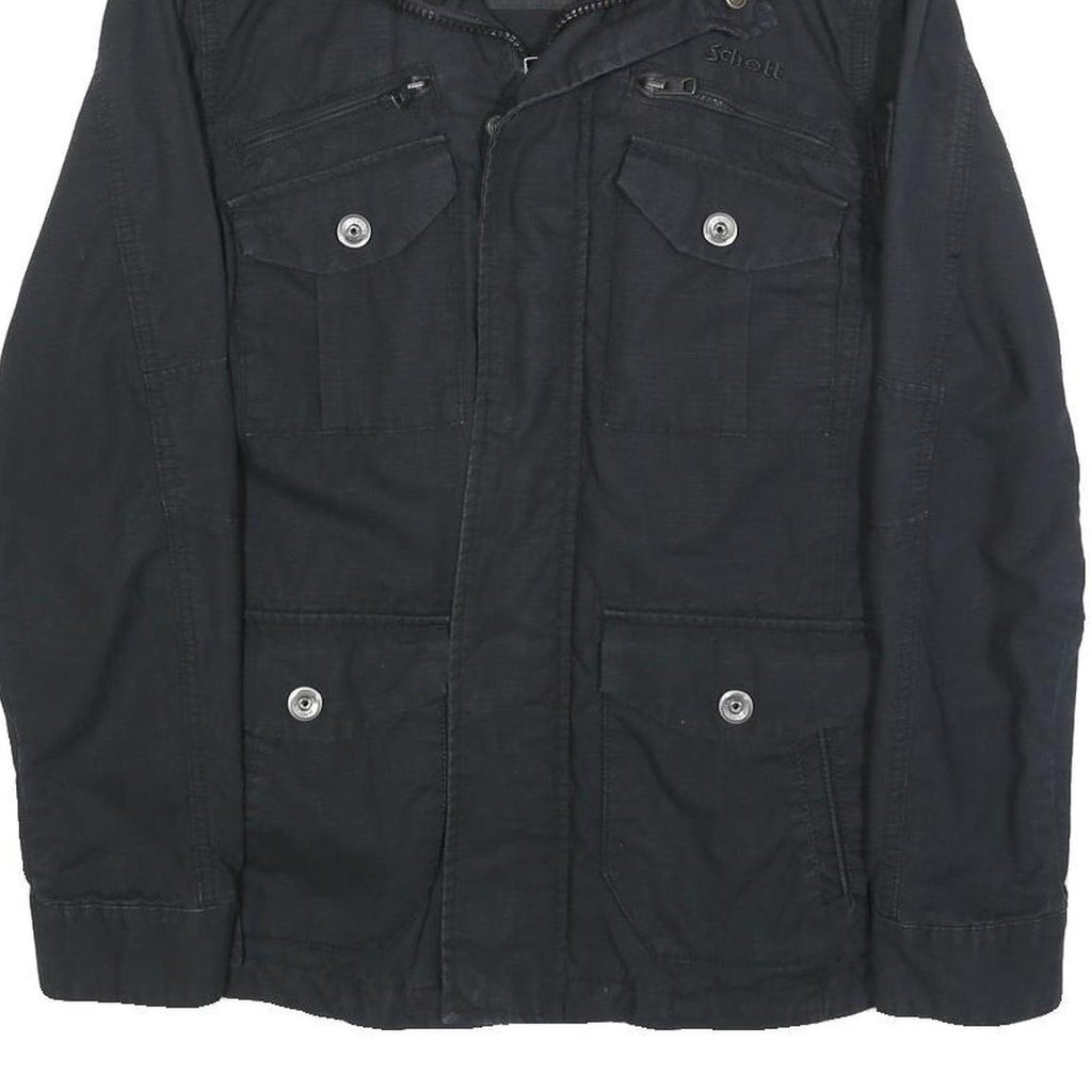 SCHOTT Mens Black Zip Cotton Military Jacket S Plain Vintage Style Tactical