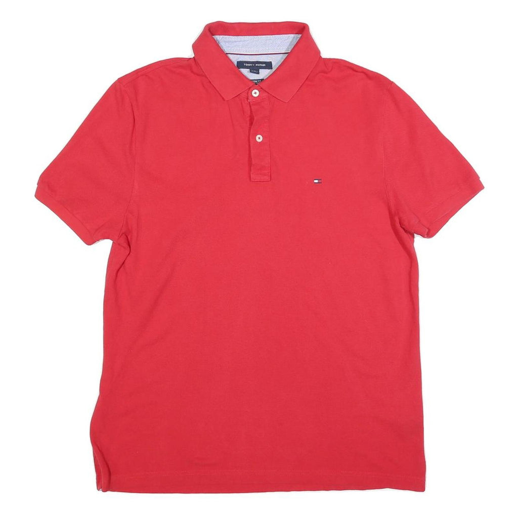 TOMMY HILFIGER Mens Red Short Sleeve Plain Polo Shirt L Cotton Blend Classic