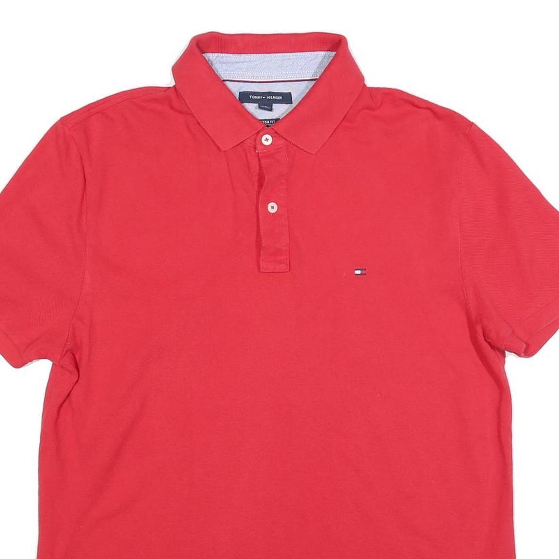 TOMMY HILFIGER Mens Red Short Sleeve Plain Polo Shirt L Cotton Blend Classic
