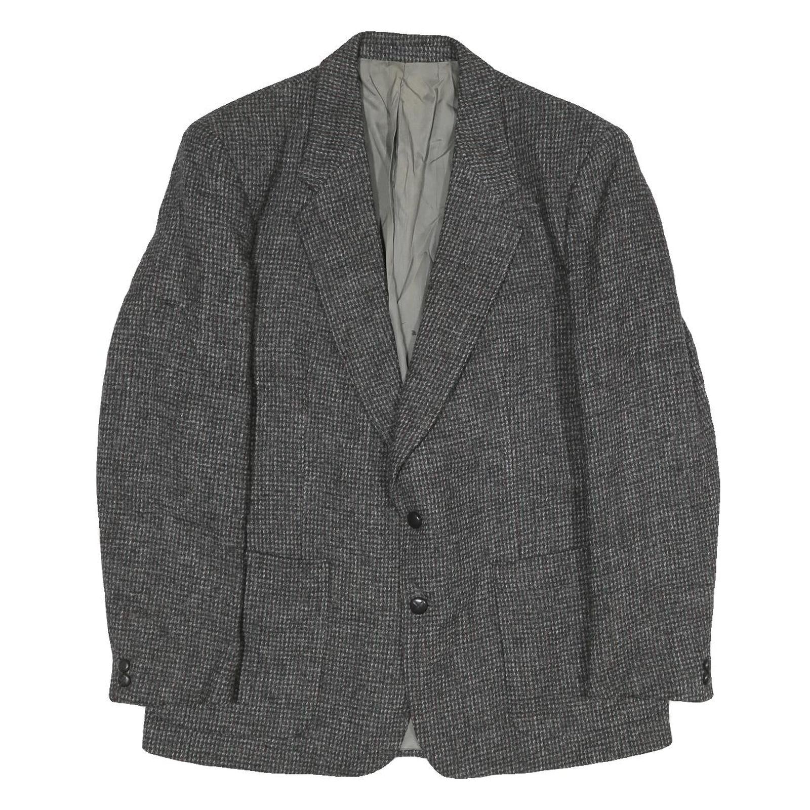 Mens Grey Cotton Blend Classic Tailored Jacket L Check Pattern Button Closure