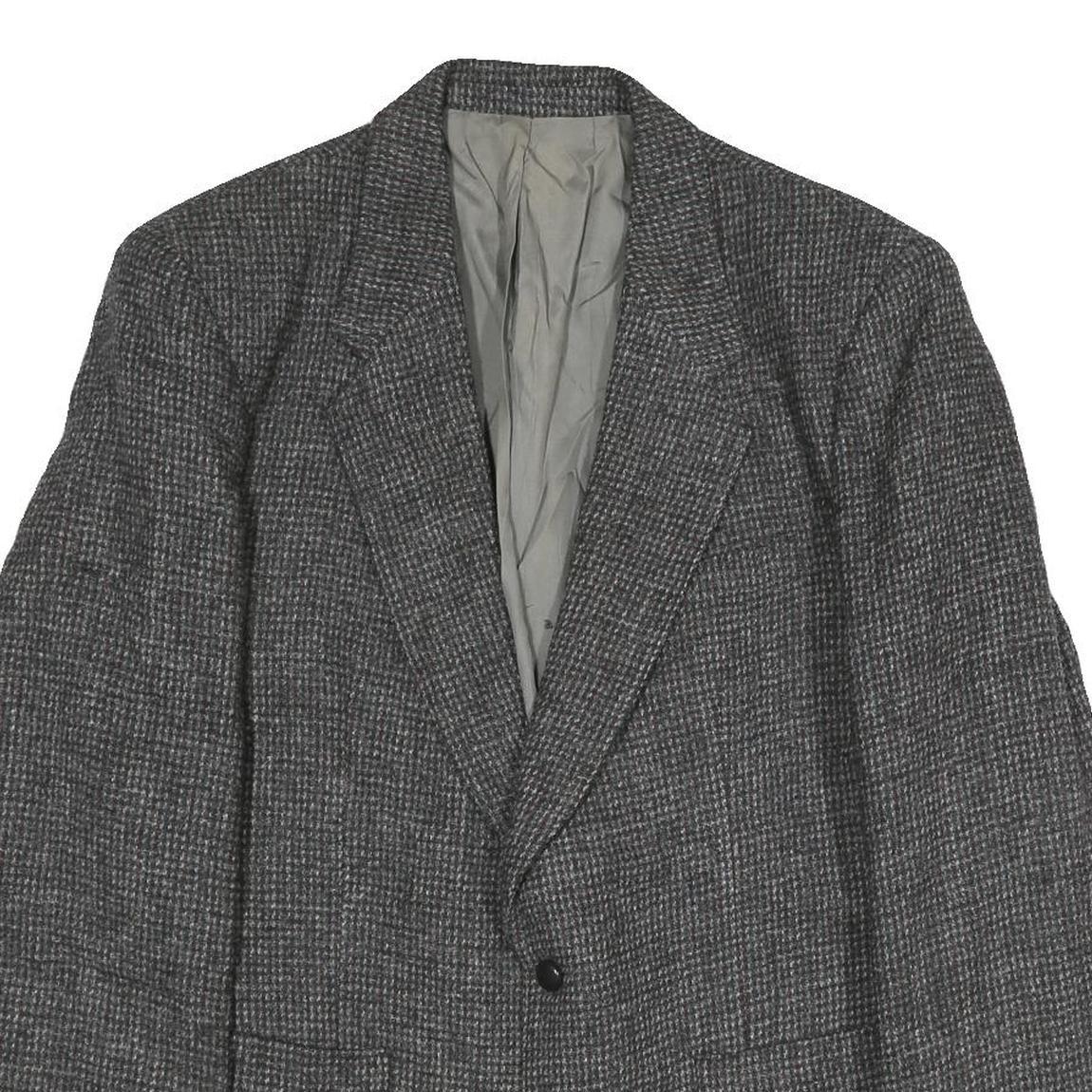 Mens Grey Cotton Blend Classic Tailored Jacket L Check Pattern Button Closure