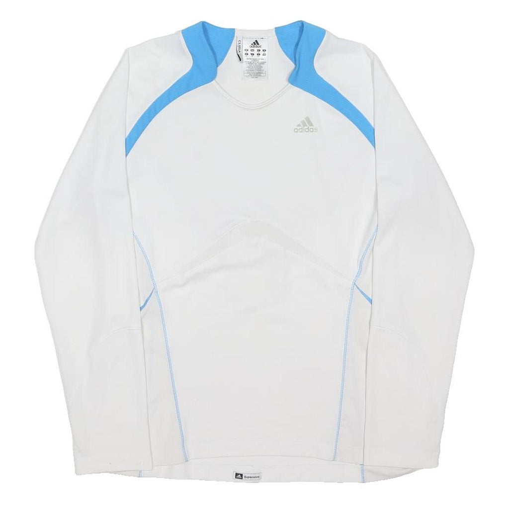 ADIDAS Womens White & Blue Sports T-Shirt UK 16 Long Sleeve V-Neck Performance