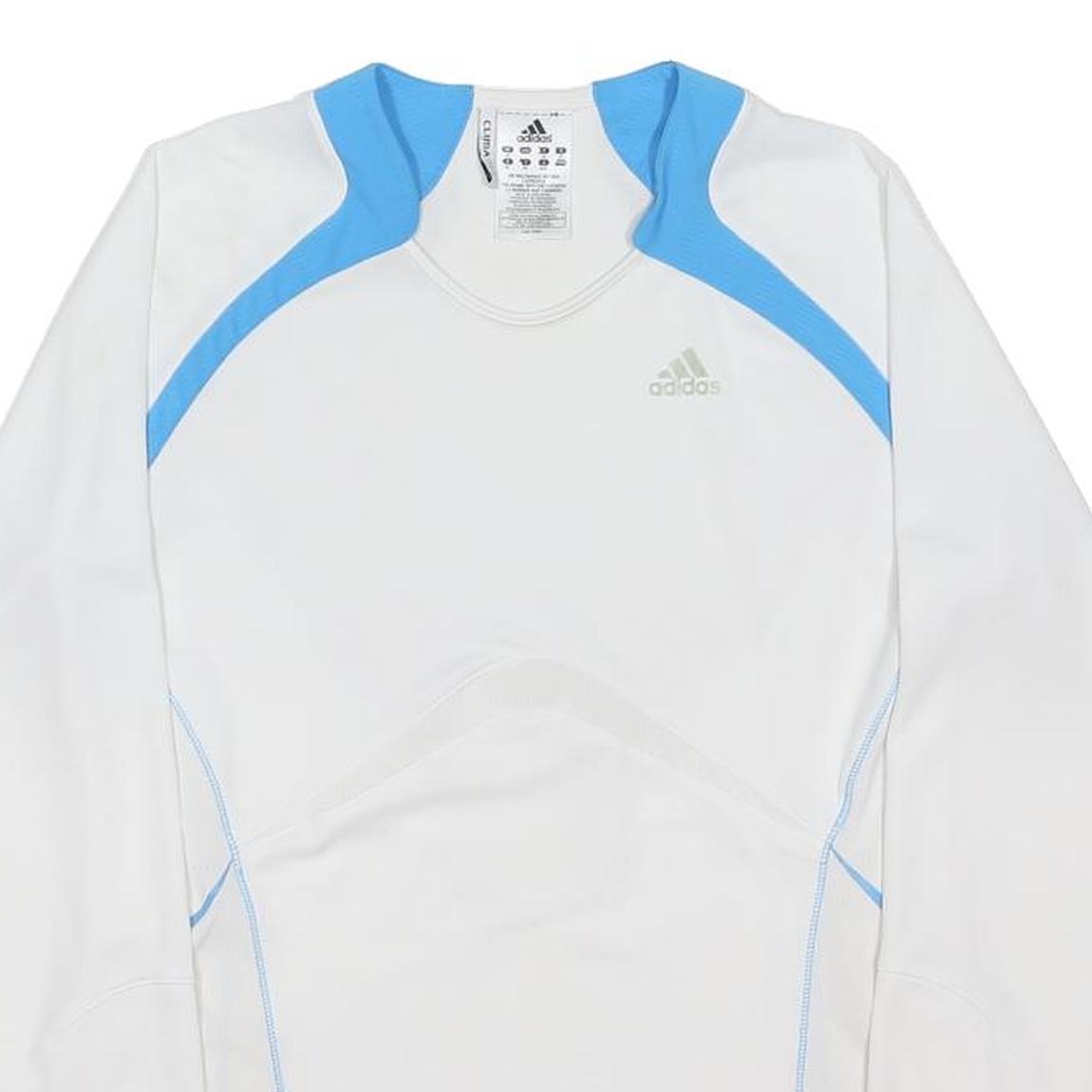 ADIDAS Womens White & Blue Sports T-Shirt UK 16 Long Sleeve V-Neck Performance