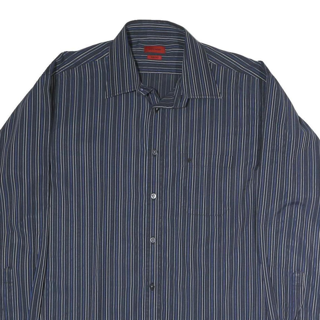 PIERRE CARDIN Mens Blue & White Striped Shirt L Classic Button Front Cotton