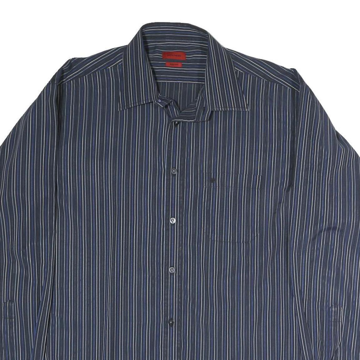 PIERRE CARDIN Mens Blue & White Striped Shirt L Classic Button Front Cotton