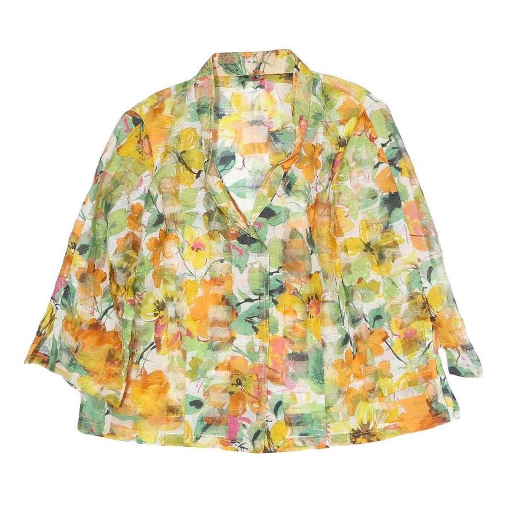 Womens Yellow Green Floral Printed Blouse Long Sleeve Button Neck L Lightweight