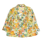 Womens Yellow Green Floral Printed Blouse Long Sleeve Button Neck L Lightweight