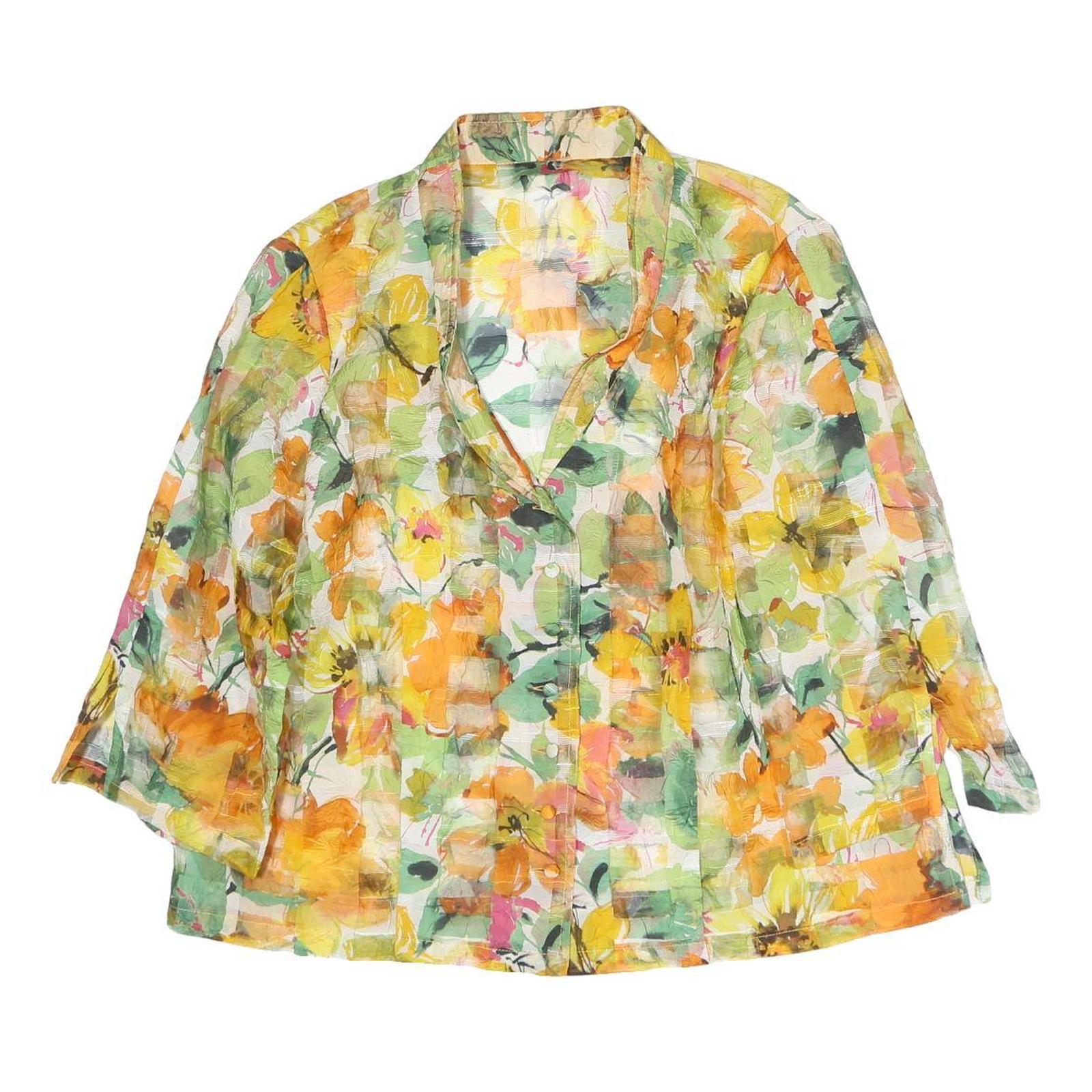 Womens Yellow Green Floral Printed Blouse Long Sleeve Button Neck L Lightweight