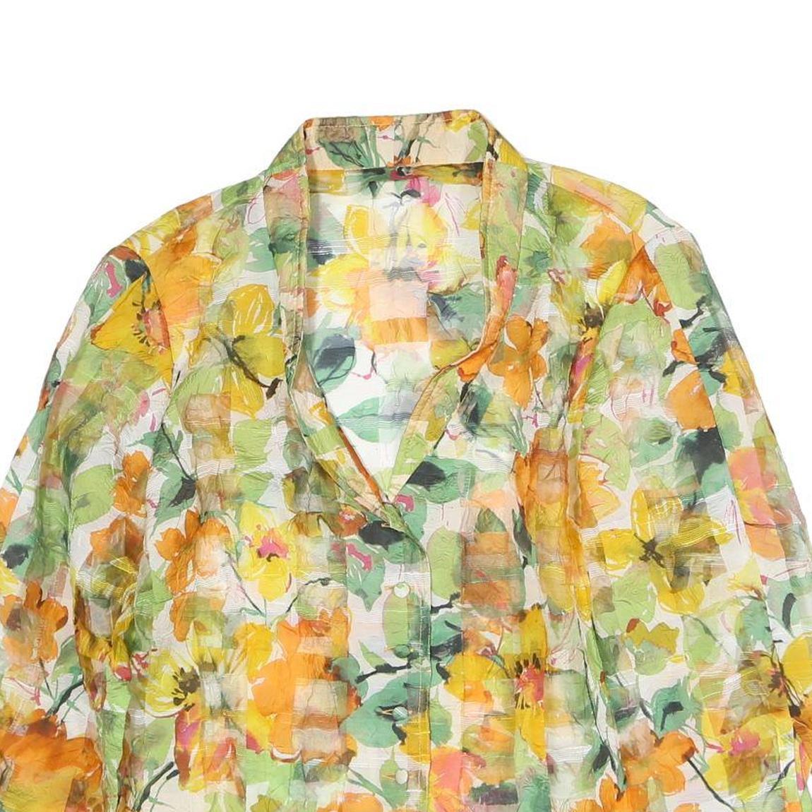 Womens Yellow Green Floral Printed Blouse Long Sleeve Button Neck L Lightweight