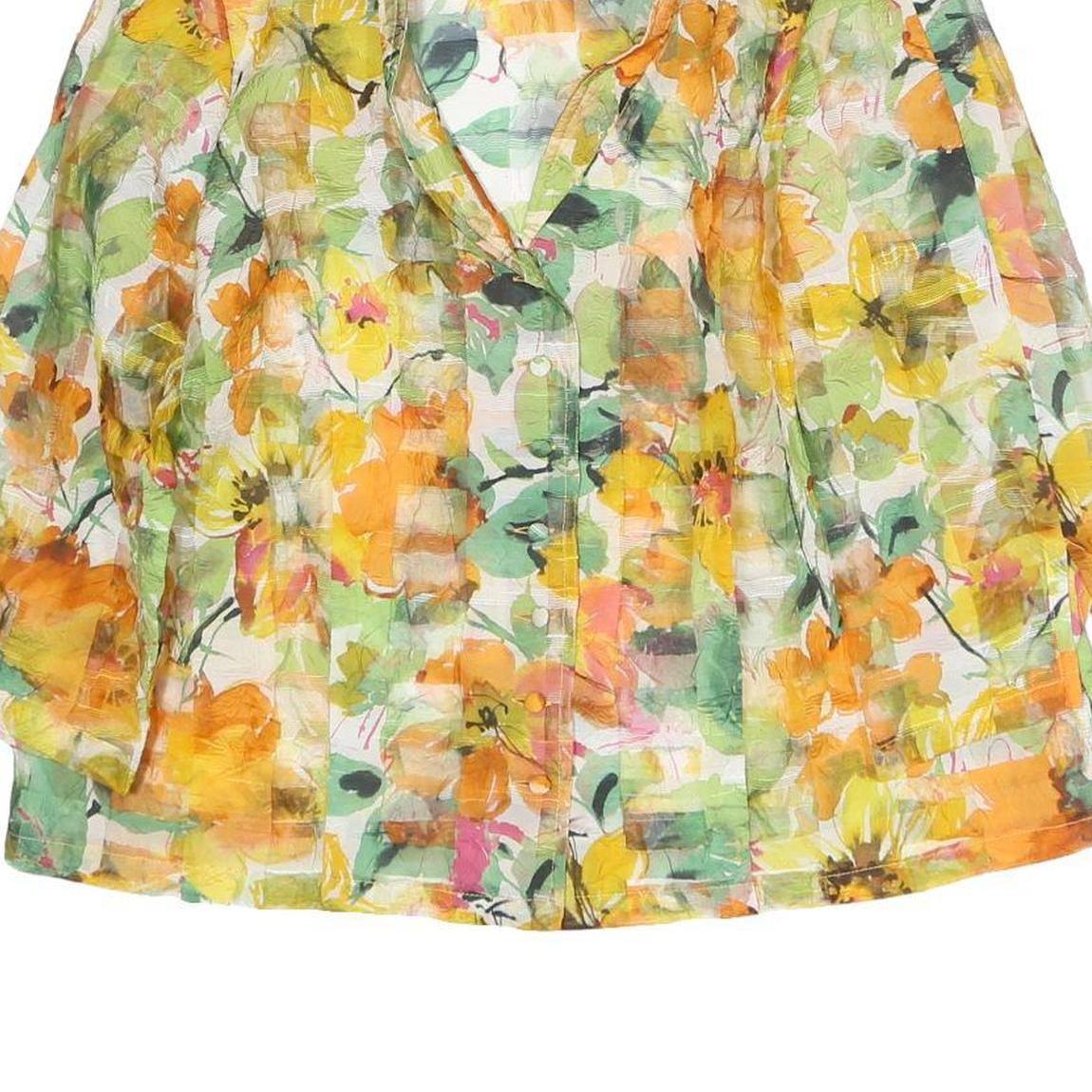 Womens Yellow Green Floral Printed Blouse Long Sleeve Button Neck L Lightweight