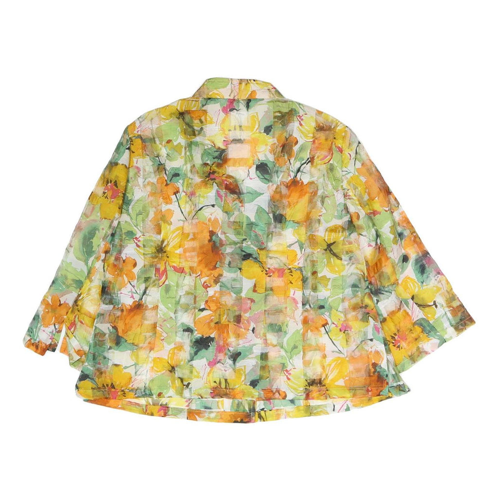 Womens Yellow Green Floral Printed Blouse Long Sleeve Button Neck L Lightweight