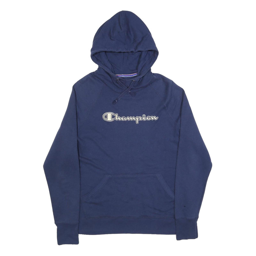 CHAMPION Mens Blue Pullover Hoodie L Cotton Blend Classic Logo Sweatshirt